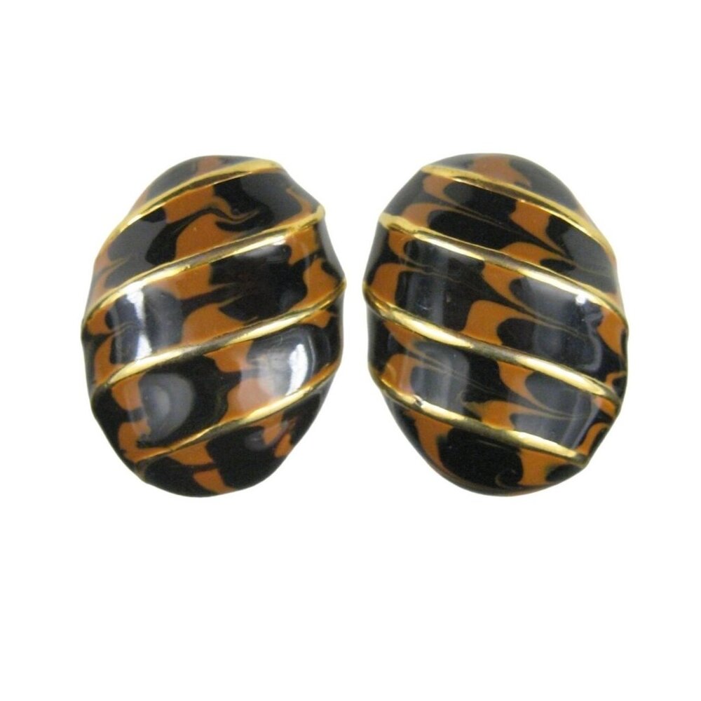 Edwin Pearl Earrings CLIP ON Goldtone Vintage Marble Enamel Oval Stripe